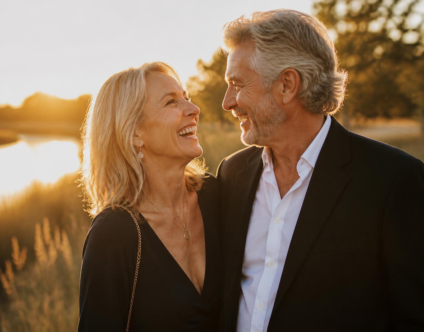 A couple laughing together in warm golden hour light on the Prairies